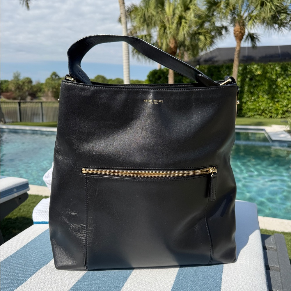 Henri Bendel Black Leather Shoulder Bag Hobo Gold Hardware